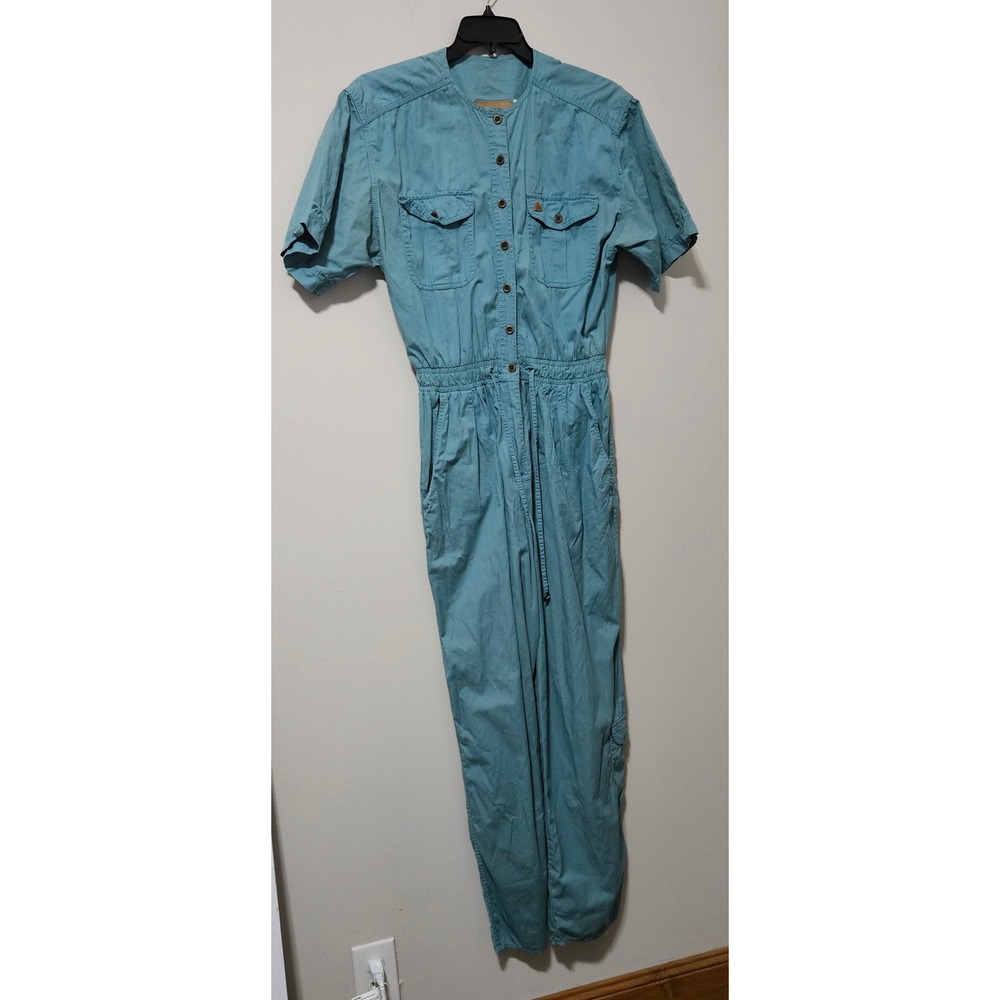 Vintage Liz Claiborne Teal Blue Cotton Utility Jumpsuit Short Sleeve Cargo 10